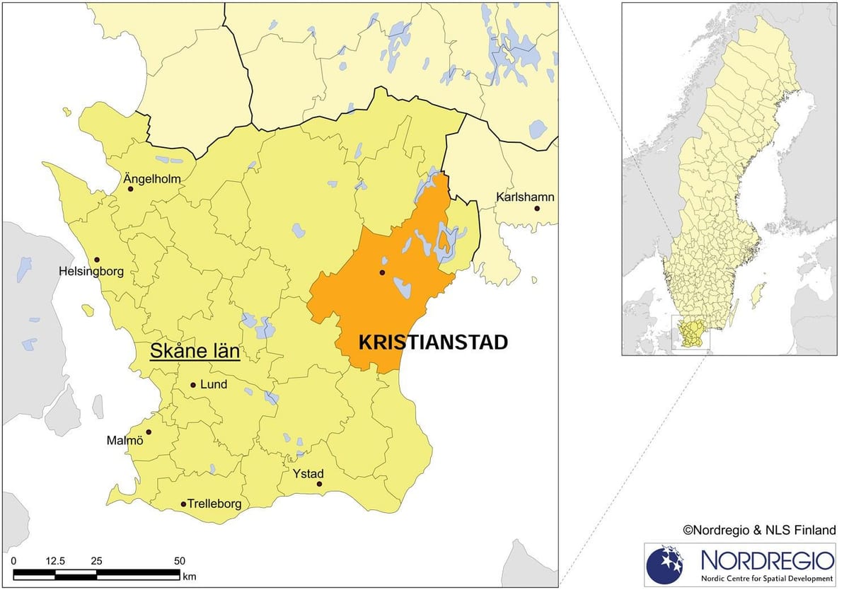 kaart van Kristianstad in Zweden