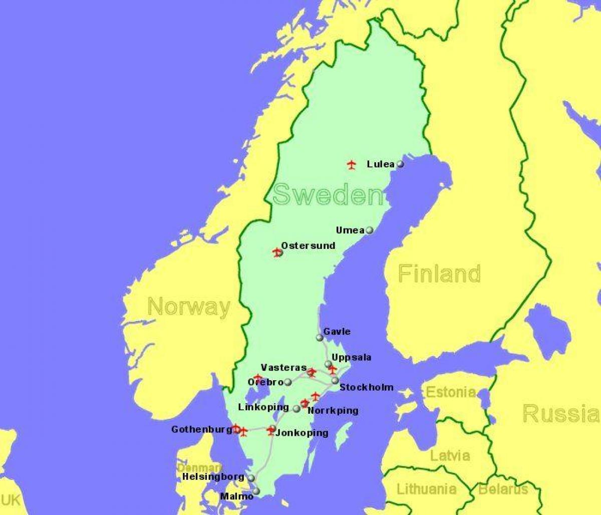 kaart van luchthavens in Zweden