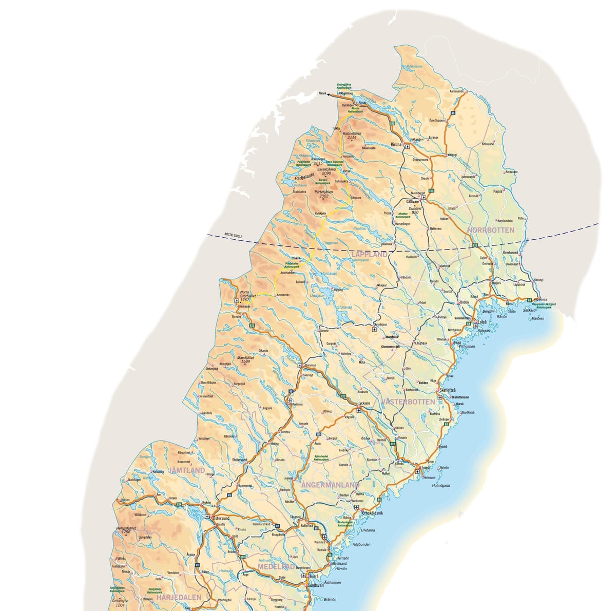 kaart van noord-Zweden