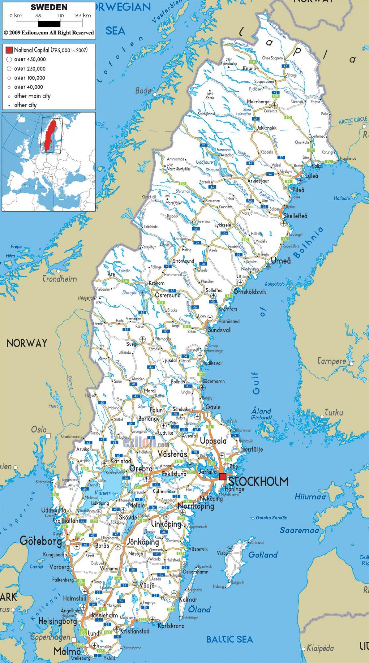 Zweden wegen kaart - wegenkaart Zweden (Noord-Europa - Europa)